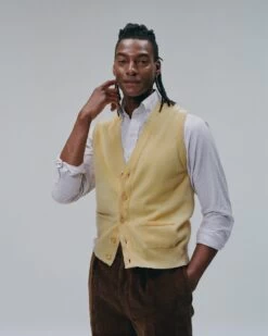 Yellow Lambswool Sleeveless Cardigan -Drakes Shop yellowlambswoolsleevelesscardigan